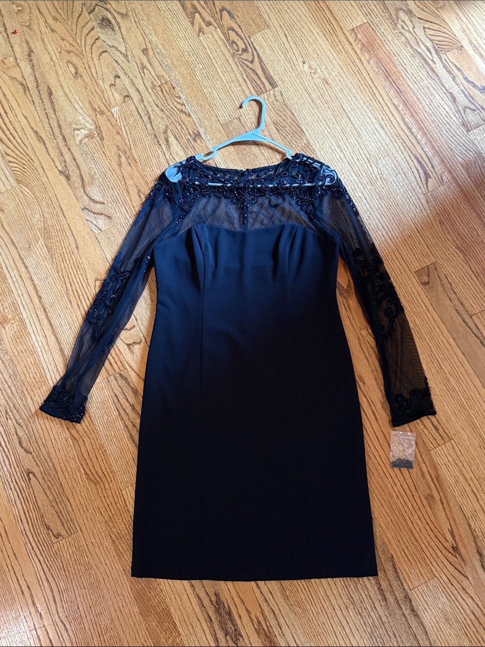 MARINA Black Long-Sleeve Beaded Mesh Sheath Dress